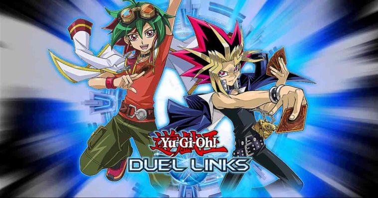Yya Skaki and Yami Yugi holding cards behind Yu-Gi-Oh! Duel Links logo