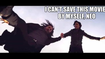 Trinity dressed in black clothes holds neo by his hand while hovering in the air