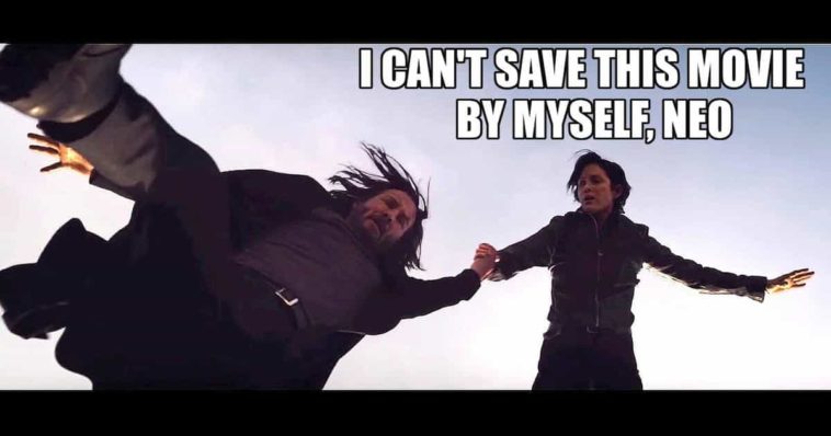 Trinity dressed in black clothes holds neo by his hand while hovering in the air