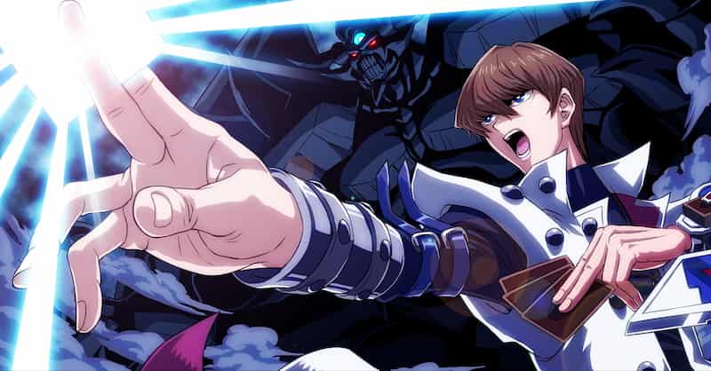 Seto Kaiba in whtie coat Yu-Gi-Oh! holding Obelisk The Tormentor in his right hand and cards in his left hand in blue Obelisk The Tormentor background