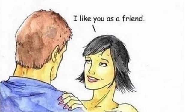 A woman telling to a guy aI see you as a friend colored drawing