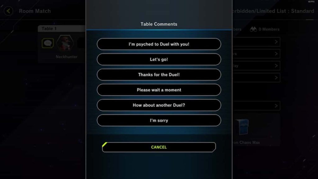 Yu-Gi-Oh! Master Duel duel room chat options