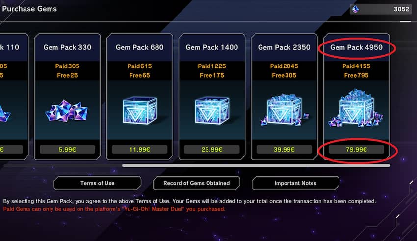 Yu-Gi-Oh! Master Duel gem price