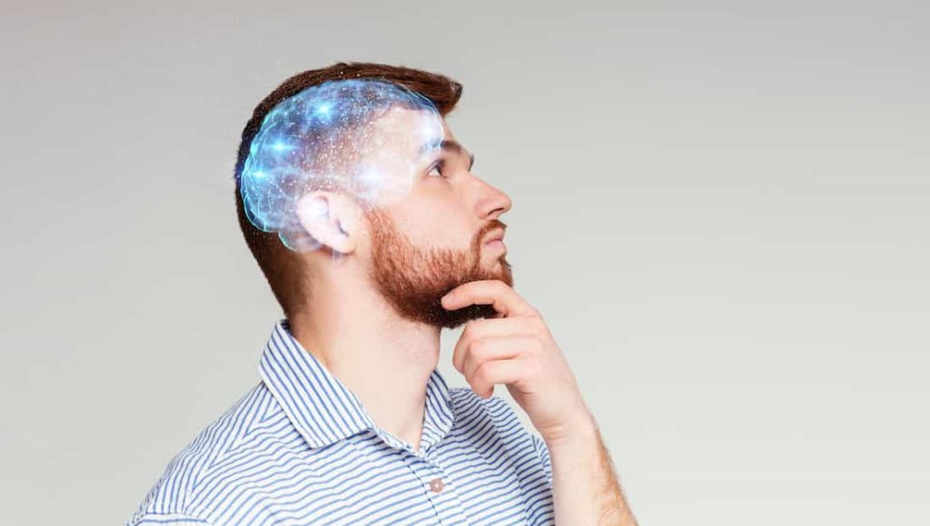 man thinking with visible neuron activations