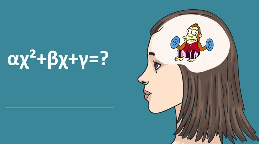drawing of a woman looking at a math equation while thinking about a monkey playing cymbals